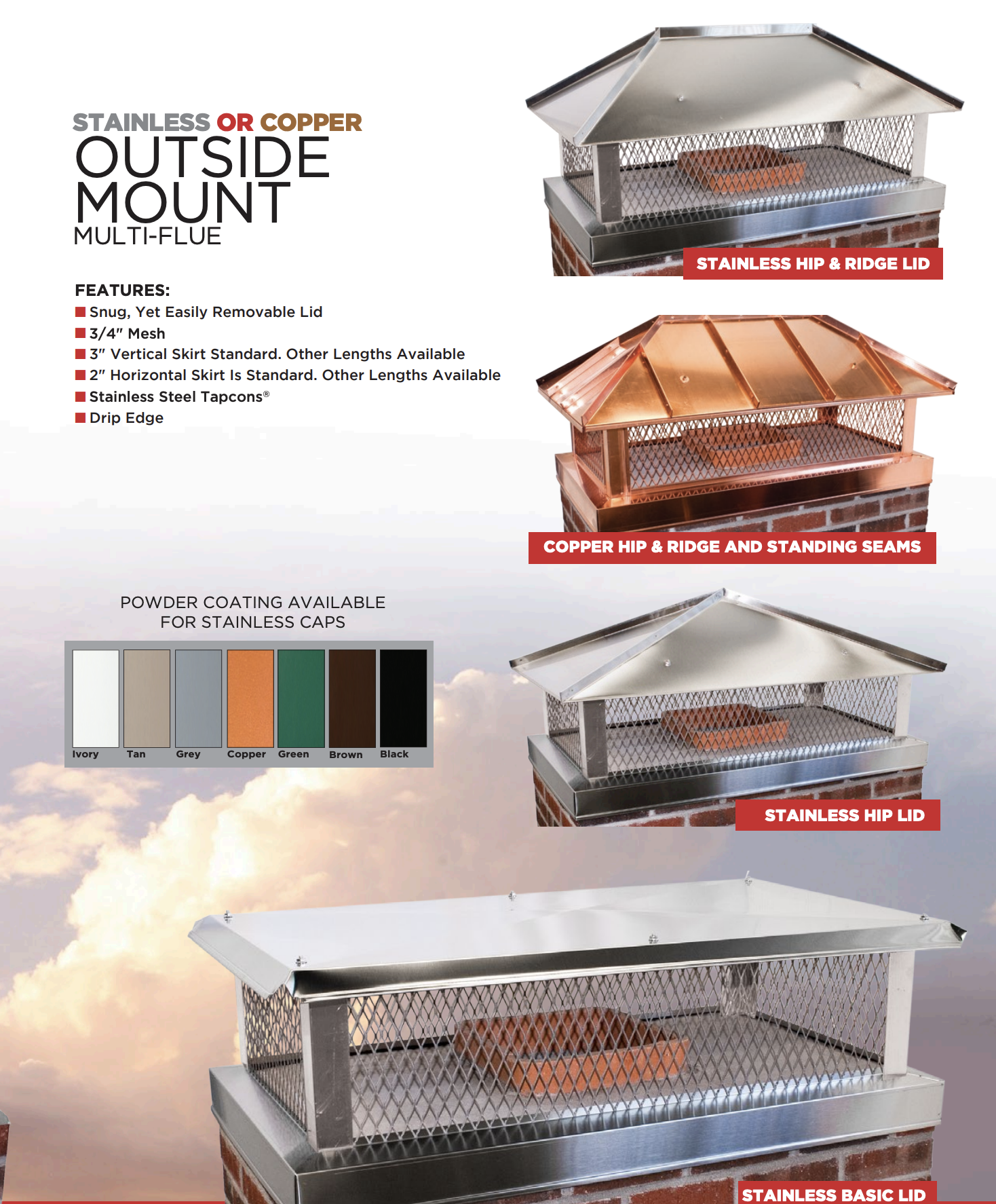 Outside mount multi-flue chimney cap options with finishes.